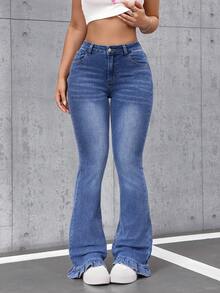 SHEIN Tall 女士高腰口袋休闲百搭喇叭牛仔裤 - 中等水洗藍 - 查看 8