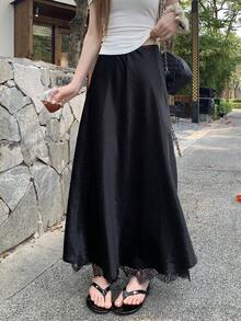 DAZY Chân váy nữ dáng rộng, thoải mái, phối ren và satin, thích hợp cho mùa hè. - màu đen - Xem 4