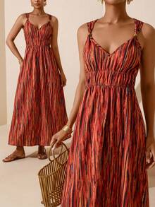 Vesra Bestselling Vacation Tie Dye Pattern Spaghetti Strap Beaded Detail Drawstring Waist Ruched Tie Waist A-Line Dress - Multicolor - View 1