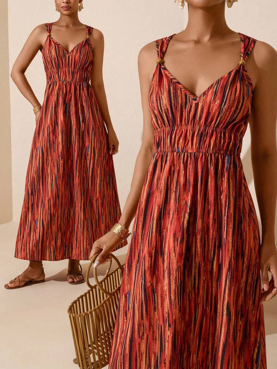 Vesra Bestselling Vacation Tie Dye Pattern Spaghetti Strap Beaded Detail Drawstring Waist Ruched Tie Waist A-Line Dress - Multicolor - View 1