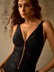 MOTF PREMIUM HOLLOW-OUT METALLIC BEADED ACCENT ONE-PIECE SWIMSUIT, ELEGANT & CHIC FOR RELAXING VACATION - Black - View 5