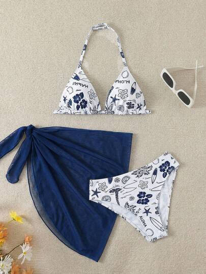 SHEIN Bộ đồ bơi 3 mảnh dành cho thiếu nữ: Áo bikini họa tiết hoa nhí, quần bikini và chân váy buộc dây phía trước, màu xanh dương và trắng.