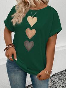 EMERY ROSE Women's Spring/Summer Casual Round Neck Short Sleeve Cuffed Ombre Heart Print Plus Size T-Shirt - Dark Green - View 4