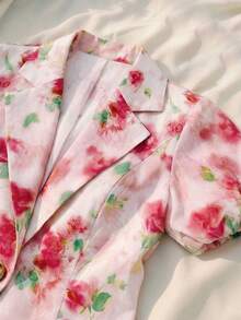 Franclia 女士夏季法式优雅简约翻领花瓣袖收腰短款不对称下摆印花休闲衬衫 - 彩色 - 查看 3