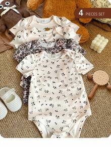 SHEIN Bộ 4 món áo liền quần dệt kim họa tiết hoa nhí dễ thương cho bé gái sơ sinh, thích hợp mặc mùa hè. - Màu be - Xem 10
