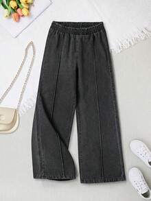 SHEIN Girls' Loose Fit Jeans, Casual Style, Minimalist All-Match Wide Leg Design, Elastic Waistband For Comfort, Suitable For Daily Casual Wear, Vacation, Party And Multi-Occasion, All Season - Black - View 8