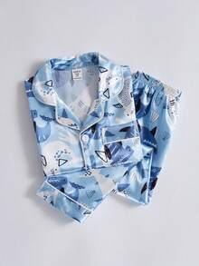 2件套男童可爱鲨鱼印花短袖开衫和裤子套装，休闲家居服 - 藍色 - 查看 6