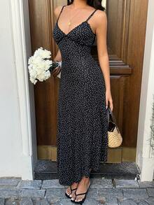 Sunnyshic 女士复古优雅波点撞色蕾丝腰带系带夏季度假连衣裙 - 黑與白 - 查看 5