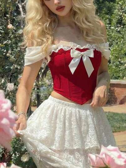 SHEIN MOD Parte superior de corpiño con lazo rojo, encaje y dobladillo con estampado de cachemira - Estilo vintage de la corte, para citas, fiestas, uso en primavera y verano por mujeres, vacaciones, picnics, festivales, cumpleaños