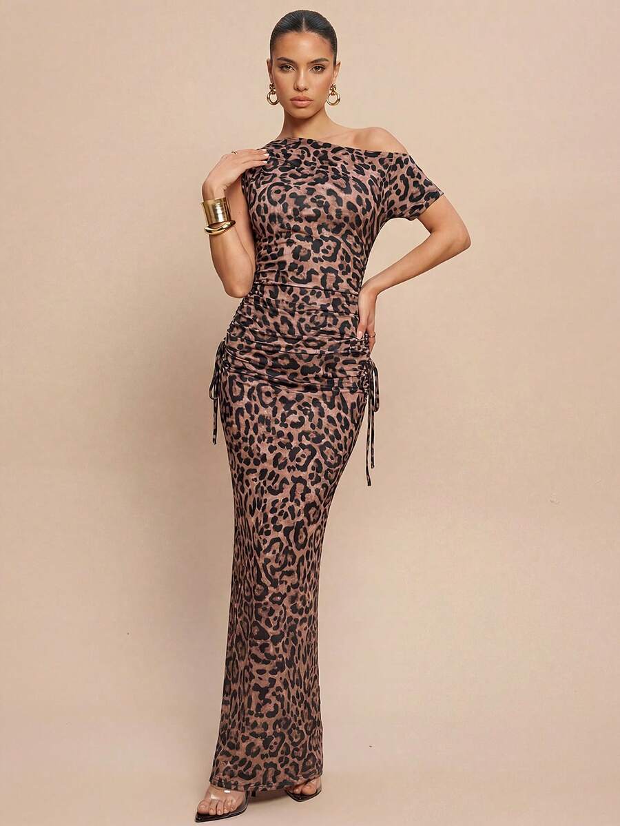 Leighera Đầm dài ôm sát gợi cảm họa tiết da báo, trễ vai, eo rút dây, dành cho nữ, thích hợp cho mùa thu. - Màu Khaki - Xem 1