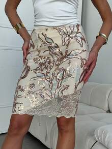 Lavishia Women's Luxury Sequin Mini Skirt, Elegant Fashion Lace & Sequin Patchwork Skirt, Spring/Summer - Apricot - View 3