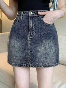 FRIFUL 女士休闲百搭牛仔裙，带斜插口袋和内衬 - 藍色 - 查看 5