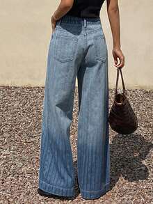 DAZY 女士宽松版型水钻装饰条纹牛仔裤 - 藍色 - 查看 2