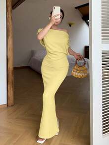 Modelyn 绿色针织褶皱不对称肩部修身两件套 - 黃色 - 查看 5