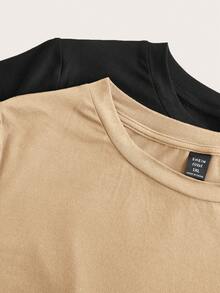 SHEIN EZwear 4件套加大码纯色套装 - 2件短袖上衣 + 2条及膝短裤 - 卡其色 - 查看 6
