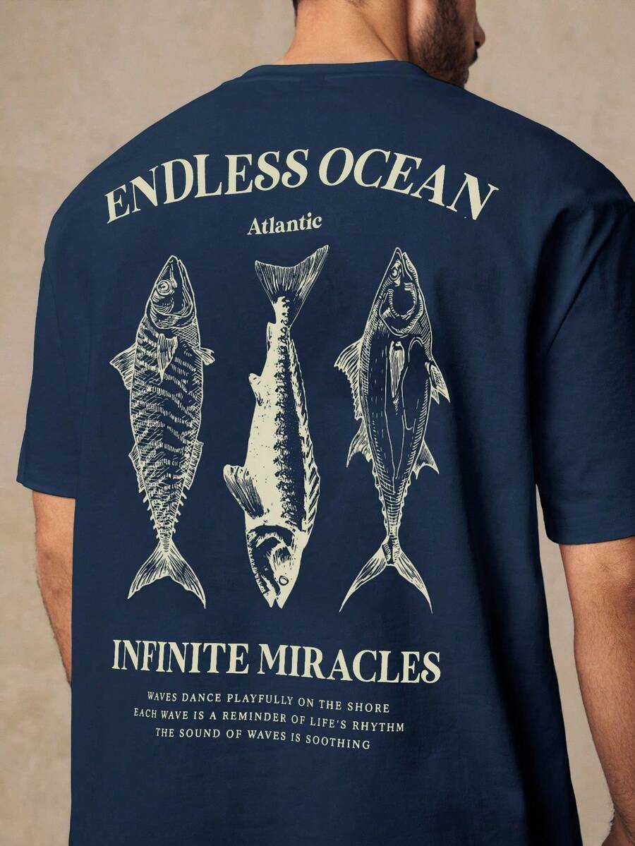 Manfinity VCAY HIMLAND Men's Casual Fish Graphic Print Loose Drop Shoulder Crew Neck Short Sleeve T-Shirt, Suitable For Everyday Wear Design T-Shirt Fishing T-Shirt Fish T-Shirt Graphic Tees For Men Mens T-Shirt