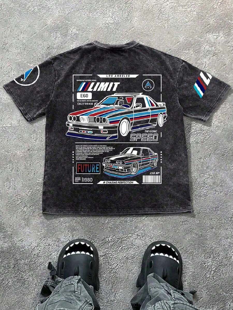 青少年男童新款休闲简约扎染Y2K复古美式汽车图案超大后背印花运动宽松舒适时尚简约圆领短袖T恤 - 彩色 - 查看 1