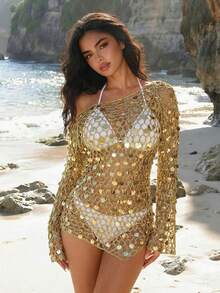 ROMWE Avant Women's Country Retro Vacation Style Sexy Asymmetrical Shoulder Hollow Out Flare Sleeve Cover Up - Brown - View 5