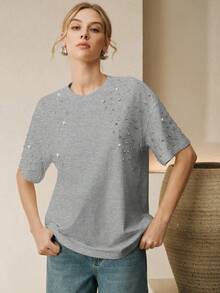 Anewsta Women's Casual White Round Neck Short Sleeve Rhinestone Embellished Top - Grey - View 6