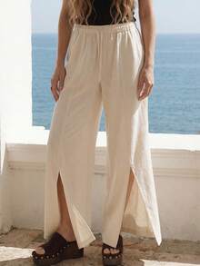CielaLinda Women Linen Pants Casual Elegant Vacation Pants Slit Front Pants - Apricot - View 2