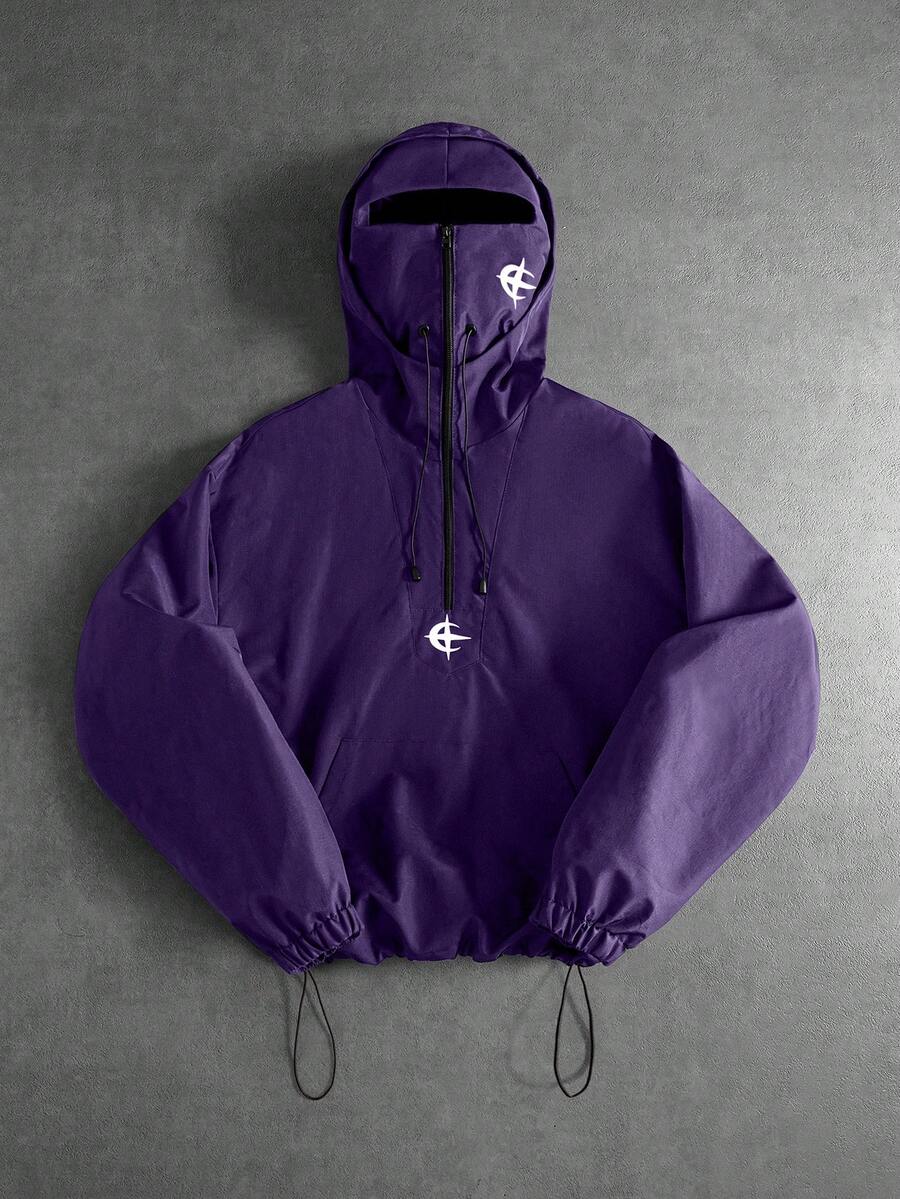 PAVTROS Men's Purple Autumn Streetwear Work Casual Hooded Double Layer Design,Half-Zip Embroidered Graphic Baggy Hoodie With Elastic Drawstring Hem For Men - Purple - View 1