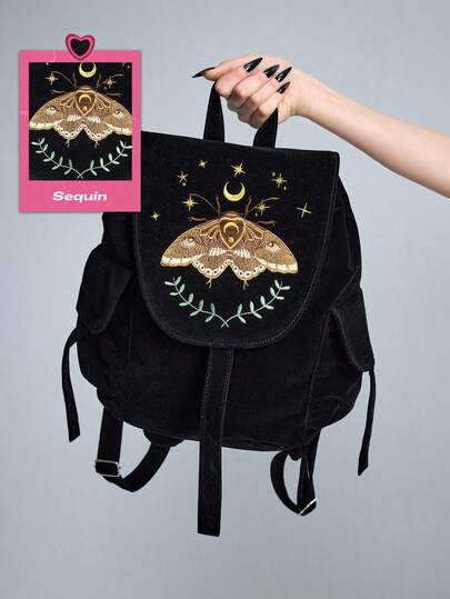 ROMWE Flower Type: 665623 High Quality Embroidered Thread Moth Star Vine Moon Pattern Double Shoulder Schoolbag Dark Goth Backpack