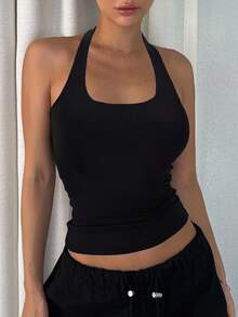 DAZY Top sin espalda de cuello halter de unicolor minimalista casual para mujer, adecuado para el transporte diario en verano - Negro - Ver 2
