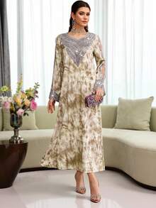 Al Najma 女士紫色扎染印花刺绣串珠荷叶边宽松腰身修身连衣裙 - 黃色 - View 4