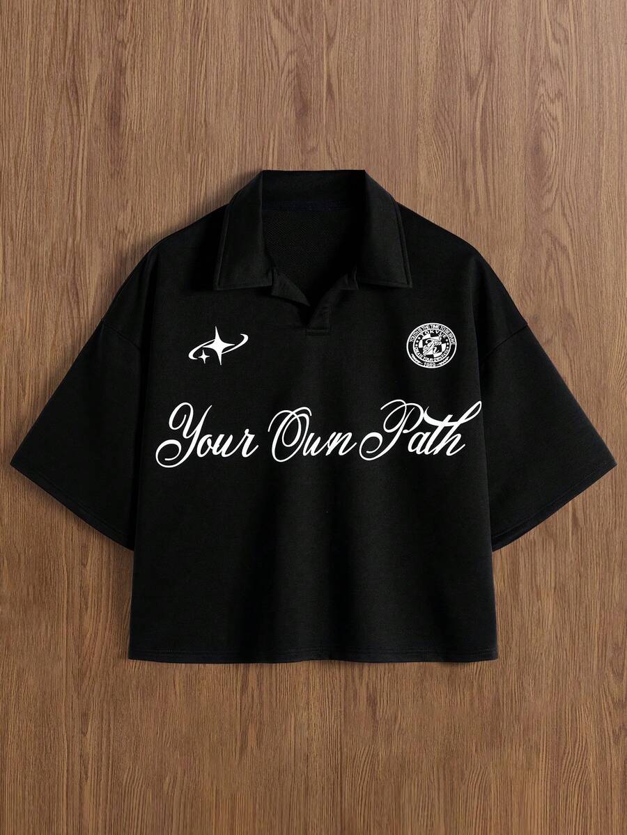 TOKVUE TOKUVE 男士休闲 Polo 衫，复古字体设计，星形图案，适合日常穿着，灵感源自 ，针织短袖 Polo 领 T 恤，适合音乐节、度假和日常穿搭，男士休闲衬衫，居家休闲，街头文化，可个性化定制，送给丈夫或男友的礼物 - 黑色 - 查看 1