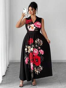 Elenzga Vestido Elegante Preto Plus Size com Estampa Floral de Verão, Sem Mangas, Cintura Marcada, Decote em V, Corte em A, Estilo Retrô Francês Minimalista para Convidada de Casamento - Preto - Visão 6