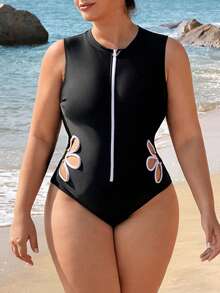 Swim SPRTY 2026 New Plus Size Women's One-Piece Swimsuit, Floral Cutout Waist, Fashionable, Sporty, Sexy, Suitable For Beach, Surfing, Vacation - Black - View 6