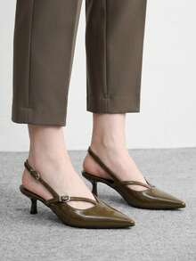 CUCCOO BIZCHIC 女士鞋履，白色细跟，露跟搭扣，尖头，5厘米细跟，复古轻奢风格，亮面漆皮，橄榄绿，露跟高跟凉鞋，适合职场/约会场合 - 橄欖綠 - 查看 8