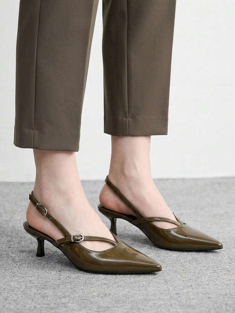 CUCCOO BIZCHIC Women's Shoes, White And Thin, Slingback Buckle Belt, Pointed Toe, Thin Heel 5cm Retro Light Luxury, Glossy Patent Leather, Olive Green, Slingback High-Heeled Sandals, Workplace/Dating