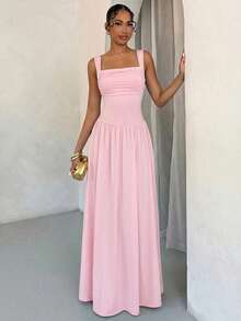 SHEIN BAE Women's Elegant Solid Brown Dress With Wide Collar And Flared Skirt, Suitable For Spring And Summer,Summer Dresses For Women - Coral Pink - View 3