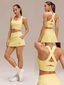 GLOWMODE FeatherFit™-Sculpt 全包覆侧支撑宽肩带交叉运动文胸，轻度支撑，适合低强度瑜伽和日常穿着 - French Vanilla - 查看 7