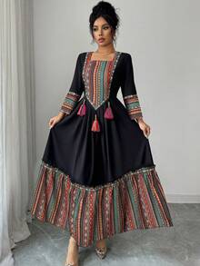 Yasmyna Đầm nữ thanh lịch in họa tiết, cổ vuông, thắt eo. - màu đen - Xem 4