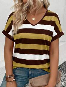 EMERY ROSE New Arrival Plus Size Women's Fashion Brown Striped V-Neck Short Sleeve T-Shirt Gym Summer - Multicolor - View 1
