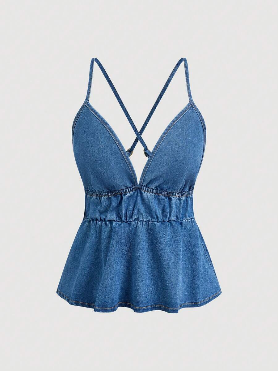 Rivivi Women's Fashion Spaghetti Strap Backless Denim Top - Medium Wash - View 1