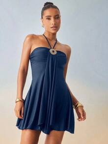 Hauture Women's Round Black Pearl Metal Decor Mini Dress - Navy Blue - View 5