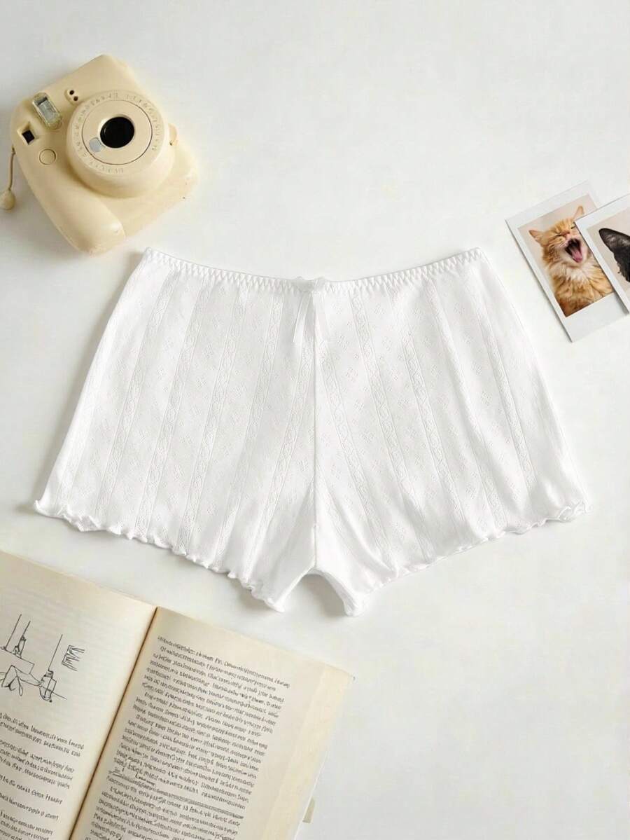 Lowkey Lull 100% Cotton Frill Trim Textured Fabric Bow Decor Casual Comfortable EasyComfort Women Safety Shorts - White - View 1