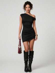 SHEIN PETITE Women's Simple Casual Solid Color Dress, Daily Wear,Summer Dresses For Women, Halloween Clothes,Halloween Costume ,Petite Women - Black - View 2