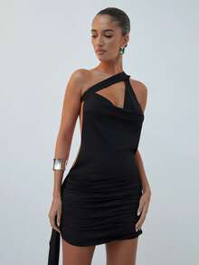 Hauture Damen Asymmetrisches Volant-Ausschnitt Mini-Kleid - Schwarz - Übersicht 3