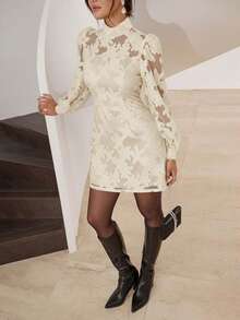 Modelyn Đầm ngắn cổ đứng màu trơn, thanh lịch dành cho nữ, thích hợp đi làm, chất liệu jacquard. - Màu be - Xem 7