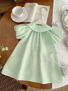 SHEIN Đầm ngắn tay màu xanh lá cây dễ thương cho bé gái, cổ Peter Pan, thắt nơ, thích hợp cho mùa hè. - Màu xanh Bạc hà - Xem 2