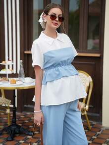 Momance 两件套孕妇休闲娃娃衫上衣和可调节腰围阔腿裤套装，适合春、夏、秋季穿着。 - 藍白色 - 查看 3