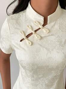 Blusa de cuello Mao de manga corta con cintura ceñida, estilo chino nuevo en color albaricoque, nuevo diseño de primavera/verano para mujer - Albaricoque 2 - Ver 7