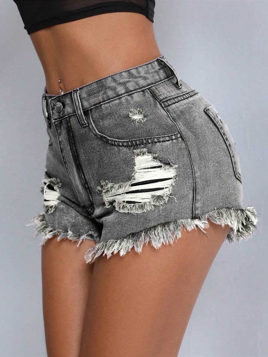 SHEIN PETITE 夏季休闲水洗做旧牛仔短裤 - 灰色 - 查看 1