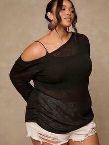 SHEIN CURVE+ Plus Size Casual Asymmetrical Shoulder Knit Top, Versatile All-Match T-Shirt For Autumn/Winter - Black - View 3