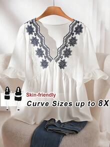 SHEIN CURVE+ 大码V领刺绣腰部A字衬衫 - 白色 - 查看 2
