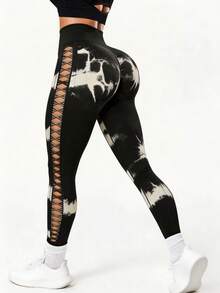 High Performance Tie Dye Leggings With Lace - For Yoga And Workout - Black - View 3